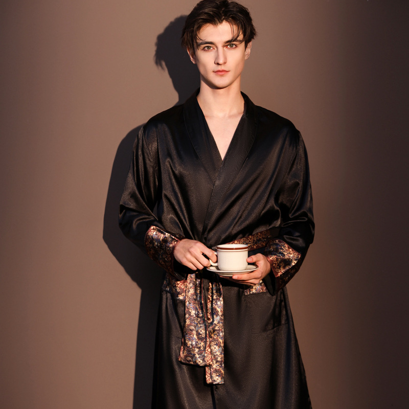 Cross-Border New Style Men's Pajamas, Spring and Autumn Models, Summer Long-Sleeved Ice Silk Pajamas, Imitation Silk High-End Mid-Length Bathrobes