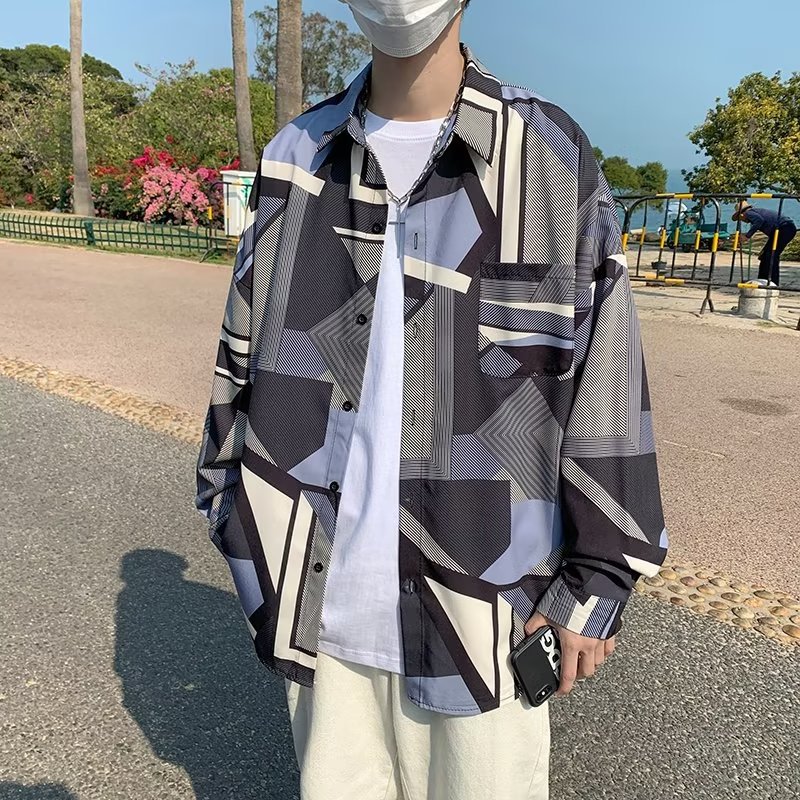 Batik-Druckhemd, langärmliges Herrenoberteil in koreanischer Version mit lockerem Drapierung, leichter, reifer Stil für Frühling und Herbst_voghion.com