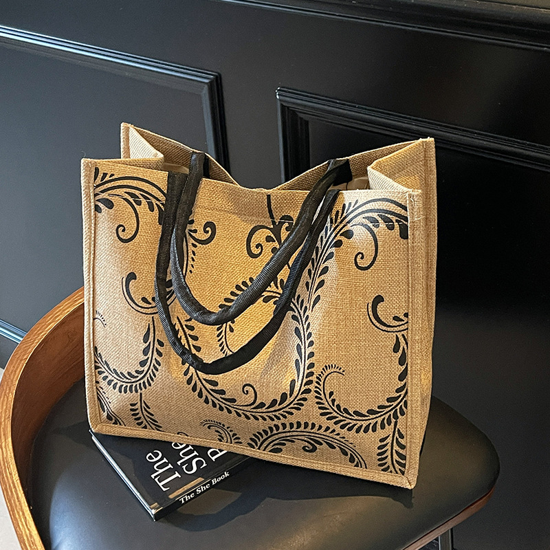 765g Weight Magnetic Buckle Closure Type Double Handle Strap Type Handbag Bags Type Casual, Holiday Occasion Hemp Material Geometric Pattern All Seasons Season Women's Gender Elegant, Vintage Style Style Square Shape Women's Hemp Geometric Elegant Vintage Style Square Magnetic Buckle Handbag 6