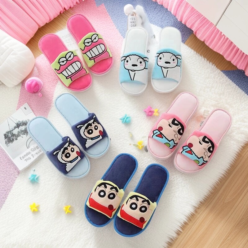Japanese Cartoon Cute Plush Open-Toe Slippers for Women Spring and Summer Home Shoes Indoor Non-Slip Floor Sandals for All Seasons