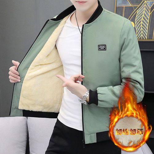 Autumn/Winter Fleece Lined Thick Men's Jacket Youth Slim Fit Casual Trendy Stand Collar Jacket Wai Yu Kang