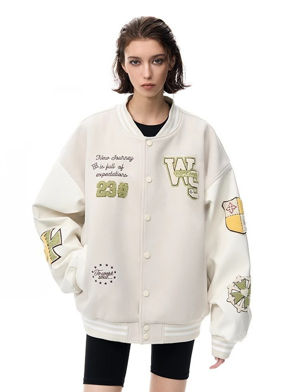 美式复古pu皮拼接棒球服男款春季高街痞帅vibe夹克毛巾绣重磅外套|undefined