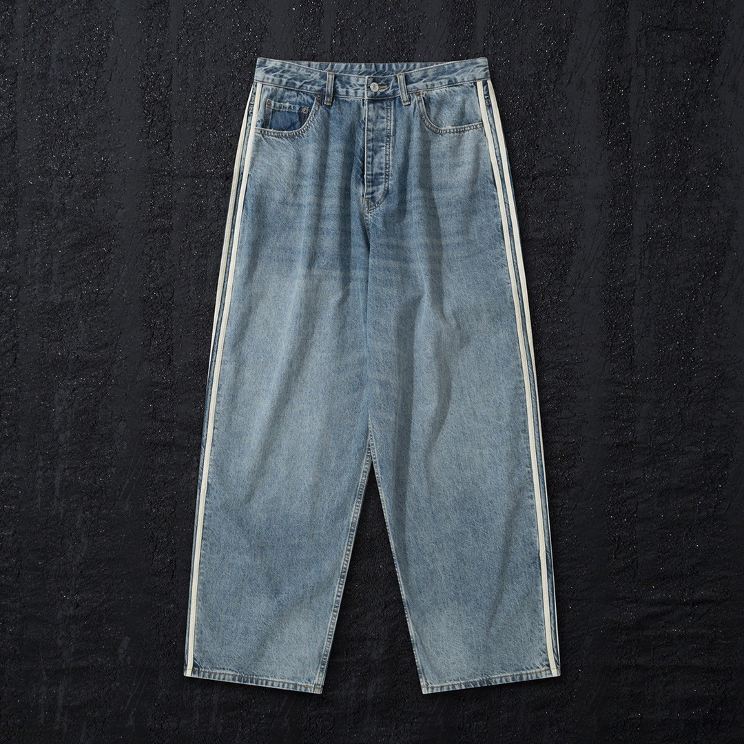 thumbnail for 23SS high quality side webbing blue jeans unisex baggy trousers