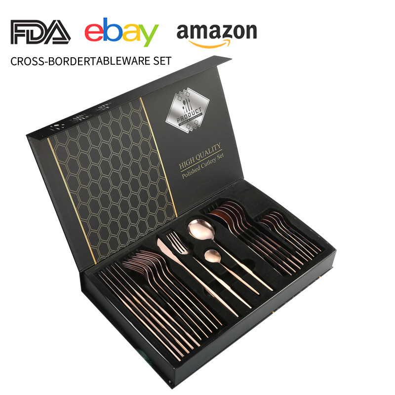 Juego de cuchillo y tenedor de comida occidental portuguesa de acero inoxidable de Amazon transfronterizo Juego de 24 piezas de bistec, cuchillo, tenedor, cuchara, cuchara, juego de cuchara de postre