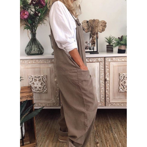 Ebay summer new pure color casual retro pockets sleeveless linen jumpsuit with adjustable straps