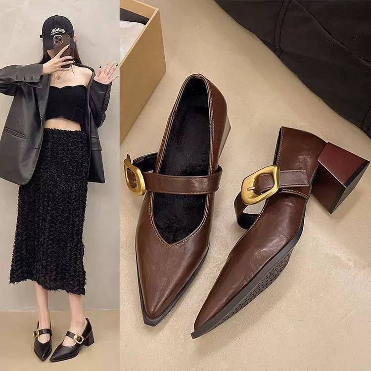 Британские ветры ретро маленькие кожаные туфли женские весенние и осенние новые светлые туфли на высоком каблуке толстые туфли на каблуках с заостренными наконечными модными туфлями Мэри Джейн