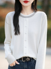 25年秋冬新款安迪絨圓領針織假開衫長袖女包扣領口燙鑽打底衫上衣