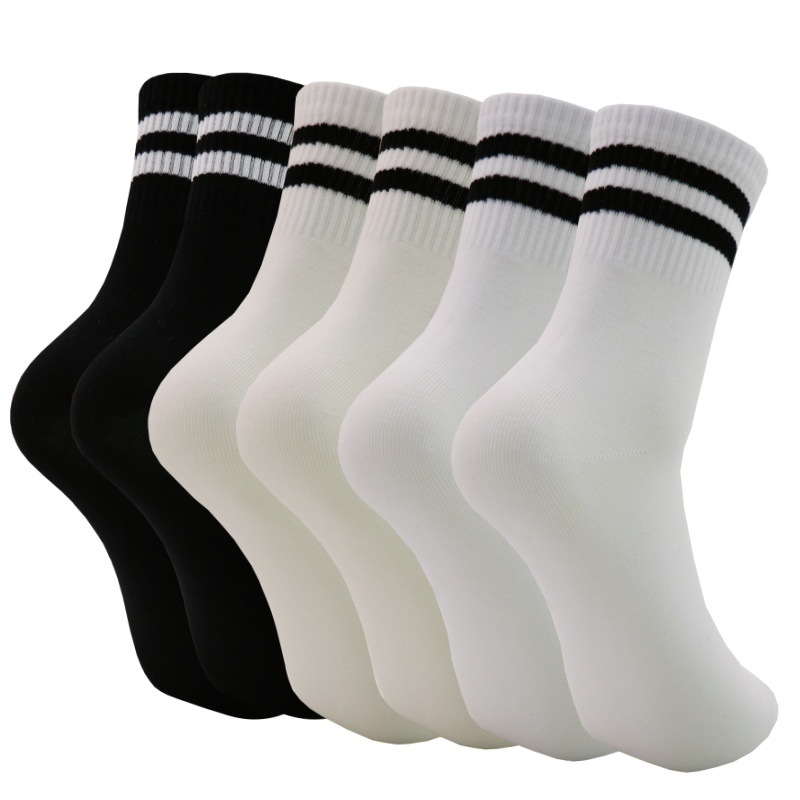 Schüler-Socken in Lagerbestand, Ganzjahres-Bestseller, Collegestyle, anti-Pilling, nahtlose Zehennaht, Baumwollsocken mit zwei Streifen, Unisex-Sportsocken