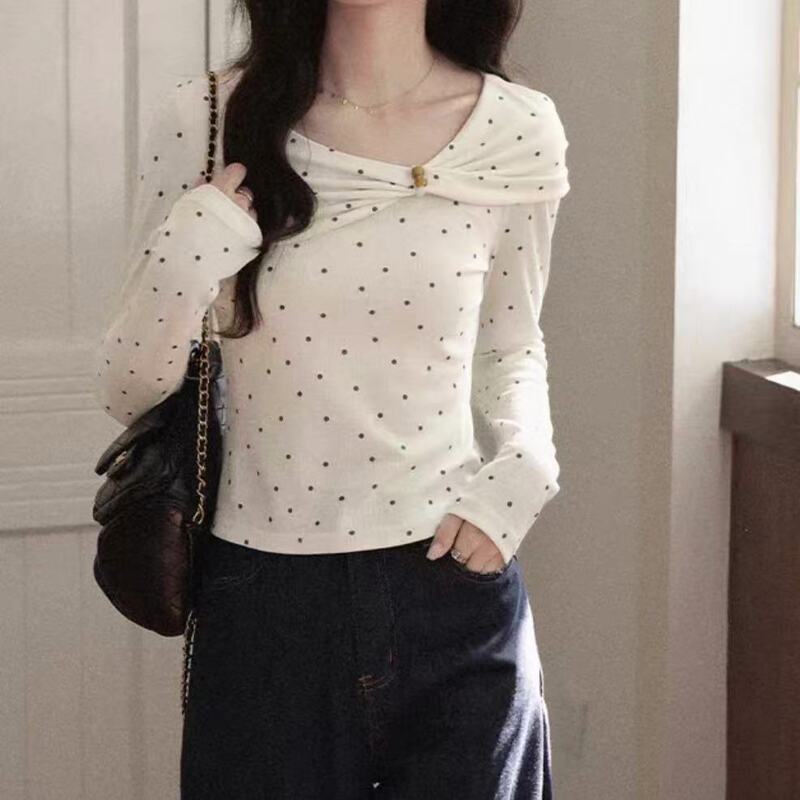 温柔杏色波点设计感修身显瘦长袖T恤女秋季扭结上衣|undefined