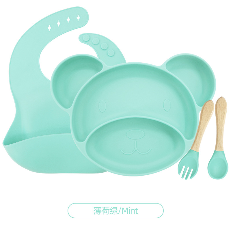 민트 그린 4 피스 세트 (턱받이 + 작은 미키 플레이트 + 나무 포크와 숟가락)