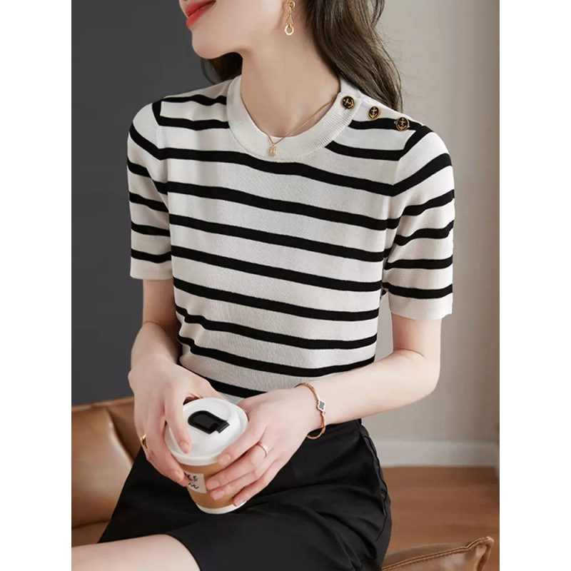 All-match striped knitted short sleeve women's 2025 spring and summer new design sense fashion pullover women's T-shirt thin top
