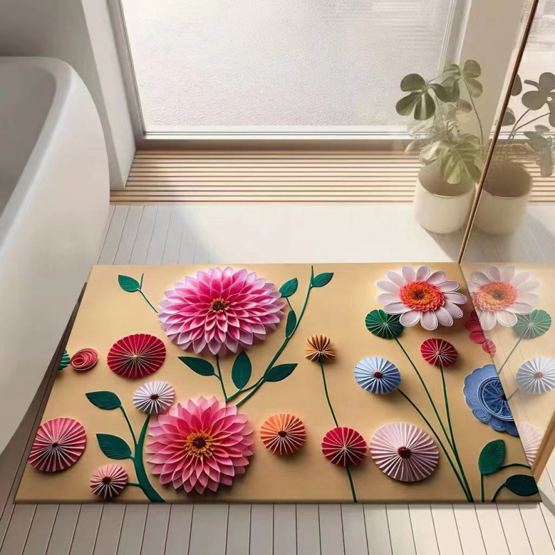 3D bloemenmotief met diatomeeënaarde, moderne, lichte, luxe badkamermat, waterabsorberend, sneldrogend, antislip en wasbaar._voghion.com