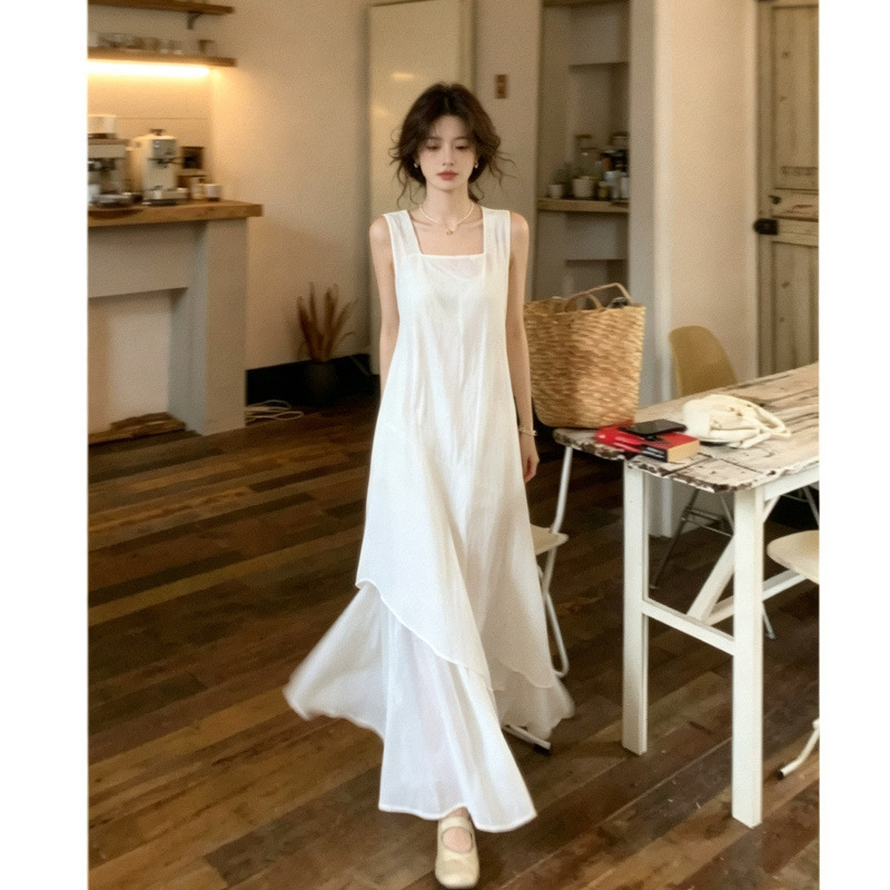 White irregular summer 2026 new style French-style loose and slimming long dress White irregular summer 2026 new style French-style loose and slimming long dress
