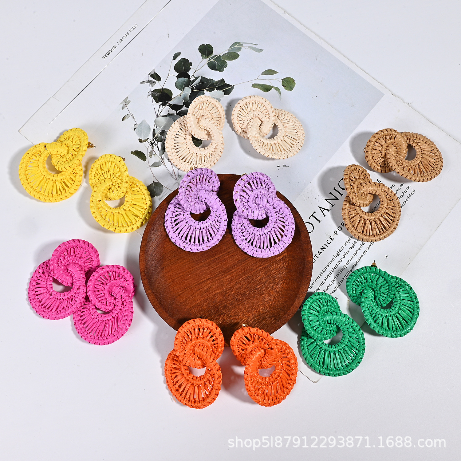 欧美新品轻奢手工编织几何形夸张气质几何拉菲草耳环波西米亚耳钉