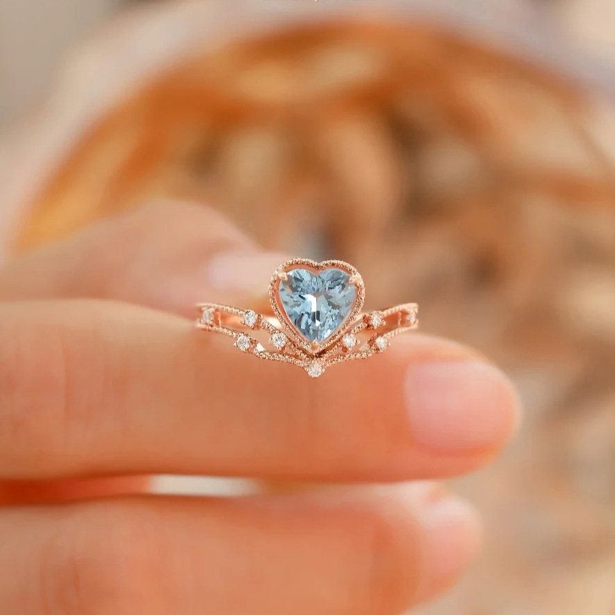Tik Tok Live Stream Drainage Welfare Colored Gems Open Ring Ins Wind Saint Mary Topaz Blue Love Heart Ring For Women display picture 2