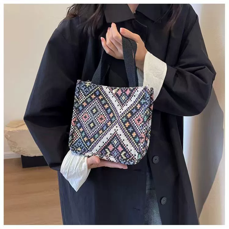 Capacious ethnic one-shoulder bag for students - woven geometric pattern, adjustable strap, blue