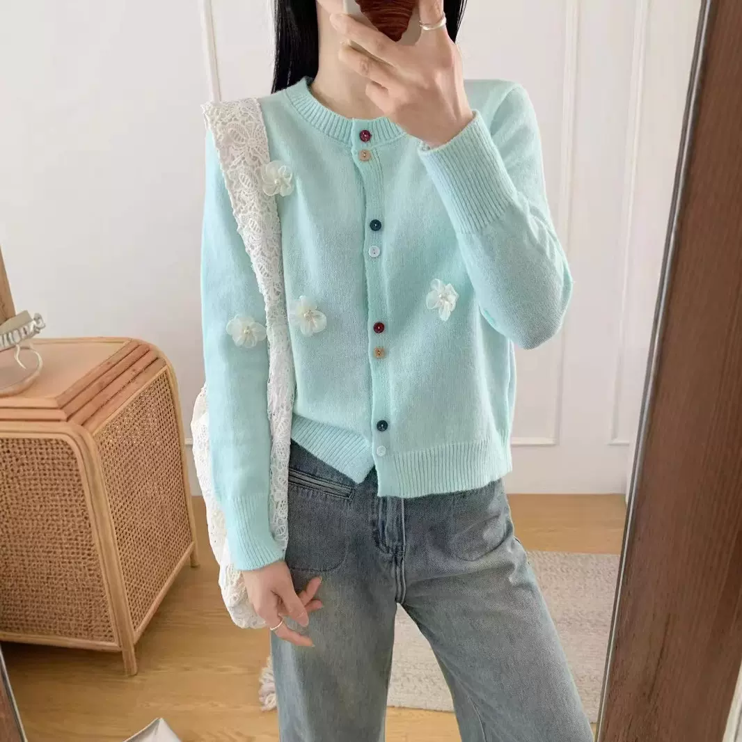韩系春秋新款立体重工蕾丝蝴蝶结百搭温柔甜美风针织开衫圆领毛衣