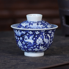 手绘元青花一鹭莲升二才盖碗纯手工釉下彩仿古陶瓷高档泡茶杯单个