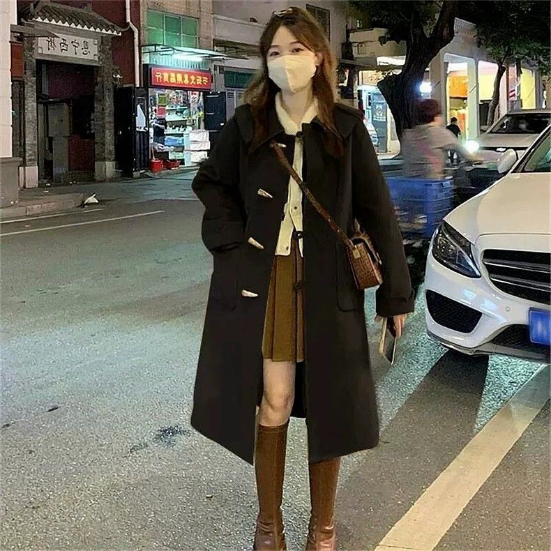 大码赫本风牛角扣毛呢外套女2025年秋冬新款中长款加厚呢子大衣潮