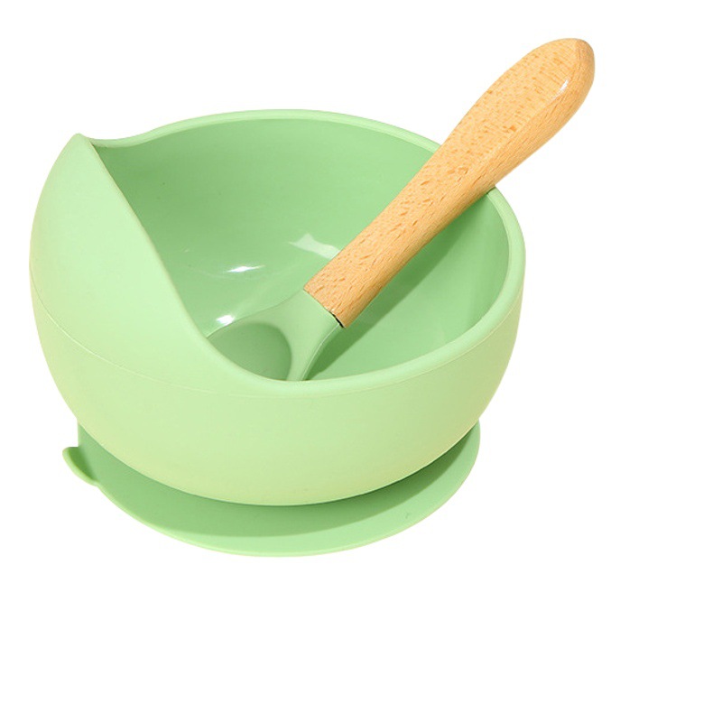 Transfronterizo en stock suplemento de alimentos para bebés tazón antideslizante resistente a la caída traje de vajilla para niños mango de madera cuchara lechón tazón de silicona