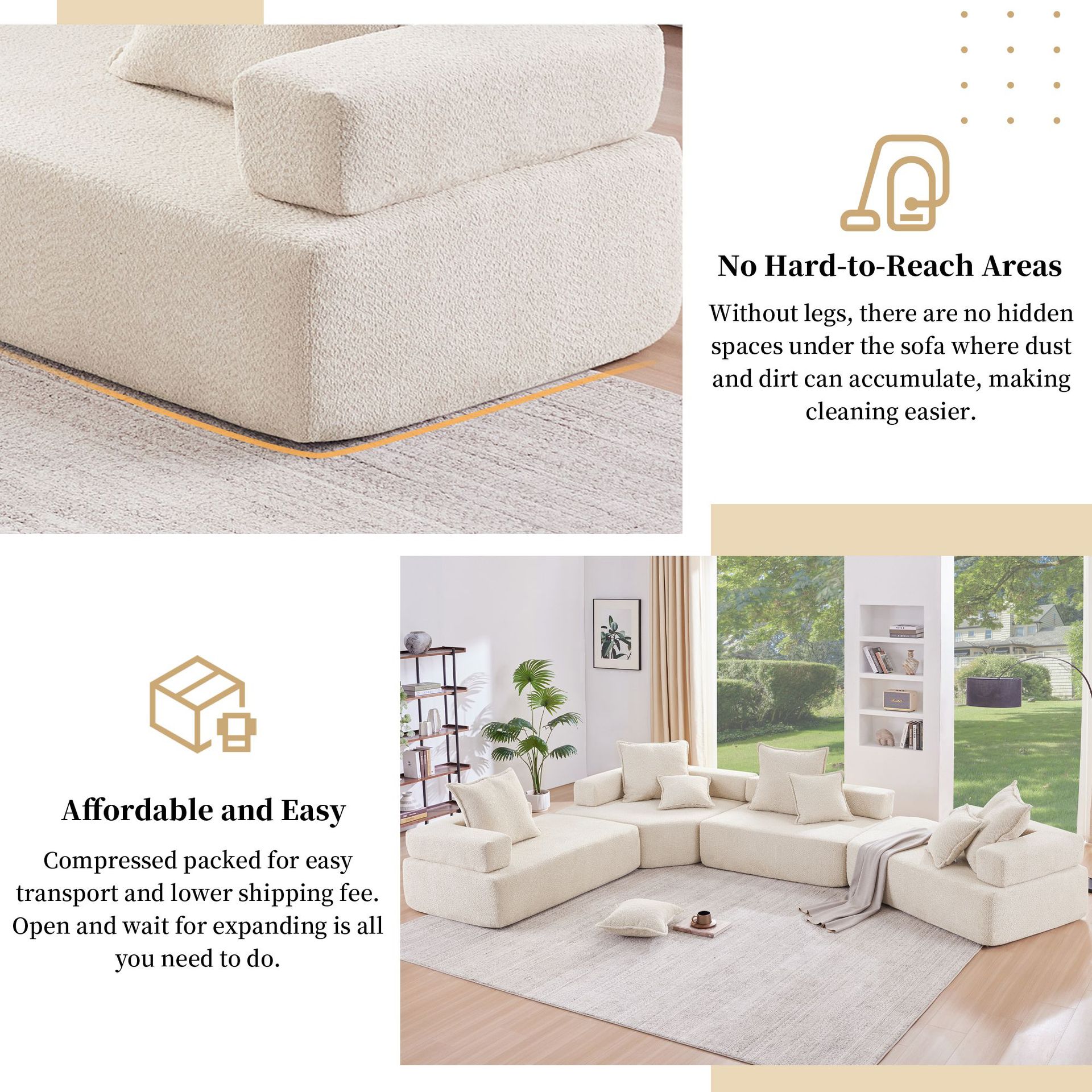 Art de arena minimalista para la sala de estar doméstica, suelo moderno y pequeño sofá de tela de casa simple