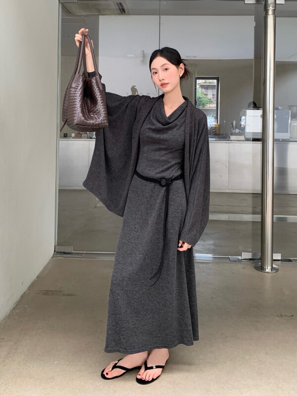 回归松弛感25秋装套装高级连衣裙+开衫 法式极简宽松慵懒风两件套|undefined