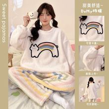 秋冬季睡衣女法蘭絨甜美卡通可愛休閑長袖套頭家居服套裝可外穿