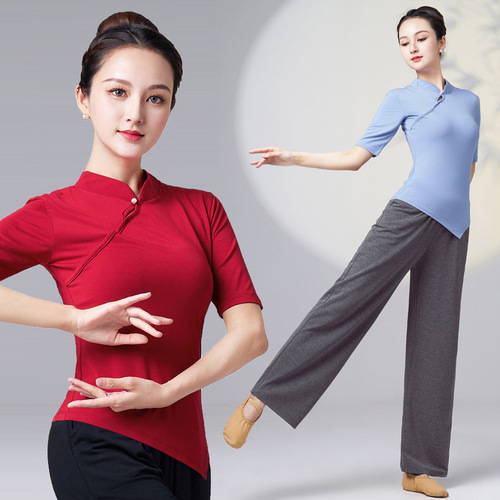 Classic dance attire: women's trendy cheongsam-style top with mandarin collar, paired with wide-leg, straight-cut pants featuring functional pockets.