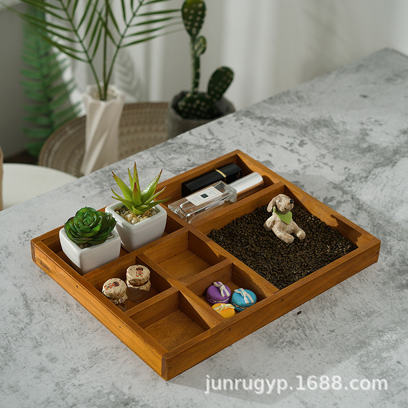 데스크탑 식료품 빈티지 나무 데스크탑 보석 저장 상자 가정용 작은 백화점 조직 냄비 나무 그리드 상자