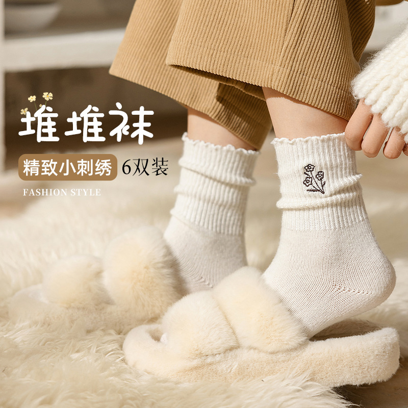 秋冬加厚女袜羊毛圈保暖袜子韩国复古文艺长筒袜木耳边花朵毛巾袜|undefined