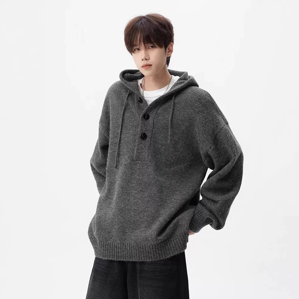 秋冬新款针织连帽套头毛衣外套男款宽松休闲百搭慵懒上衣外穿毛衣