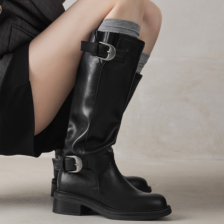 [in Stock] British Style Autumn/Winter Black Metal Buckle High Boots Vintage Knight Boots Melard Long Boots for Women
