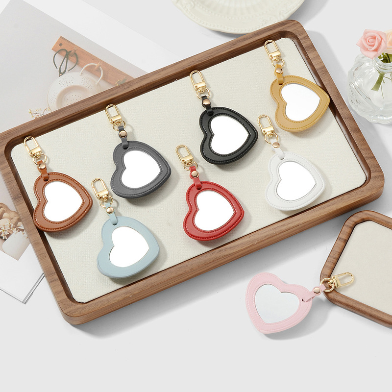 New Miu Style Exquisite Versatile Dopamine Multi-Color Leather Heart Mirror DIY Keychain Bag Pendant