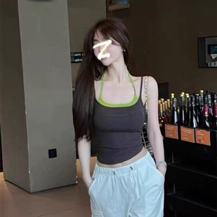Contrast Color Stitching Fake Two-piece Double Shoulder Strap Halter Camisole Women's Beauty Strap Chest Pad Outer Wear Inner Fixed Coaster