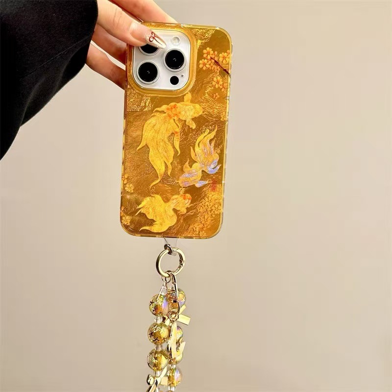 El nuevo pez dorado con patrón de papel de aluminio coreano es adecuado para Apple 15promax funda para teléfono móvil 16pro personalidad 14/13 corazón de niña