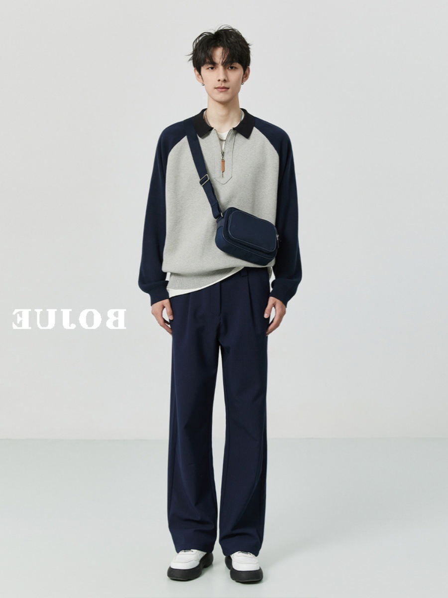 Otoño e invierno contraste color media cremallera Polo cuello suéter cálido manga larga superior suéter de los hombres de estilo coreano abrigo de los hombres