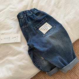 儿童春秋款帅气牛仔裤男童长裤小童宽松宝宝时尚破洞直筒裤女洋气