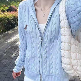 美式连帽麻花开衫毛衣女春秋装宽松外穿慵懒风简单大方高级感上衣