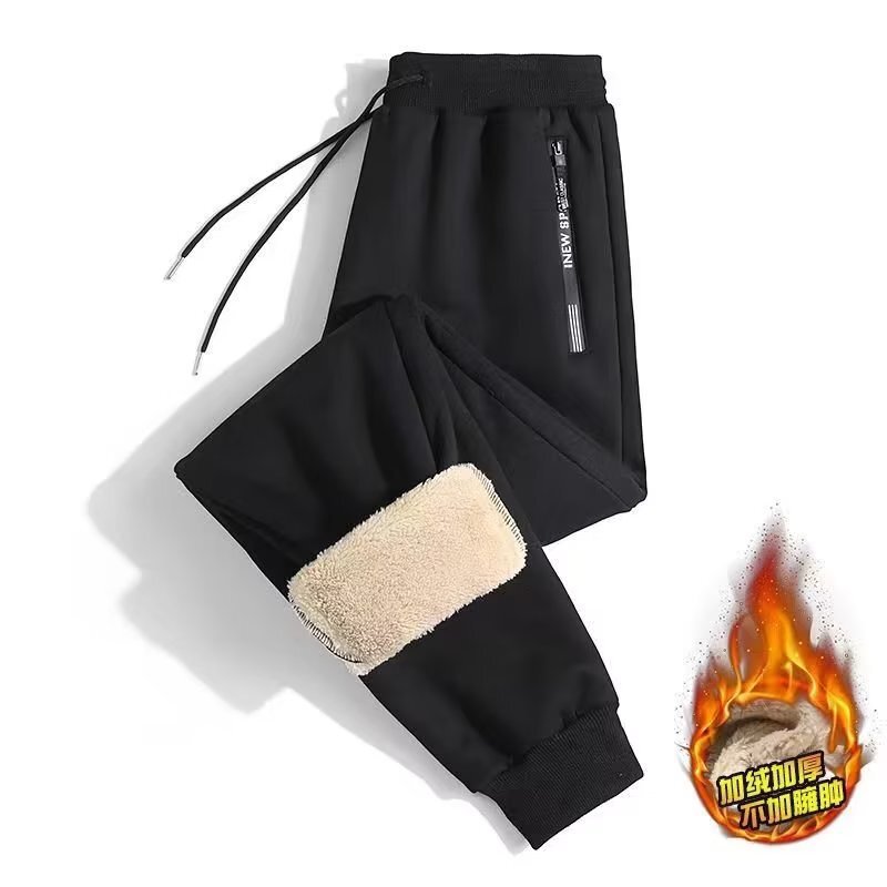 Autumn and Winter Men's Youth Fleece-Lined Thickened Jogger Sweatpants with Zipper, Lamb Wool Casual Warm Sports Pants