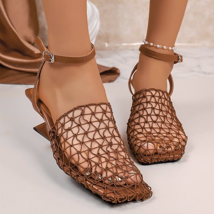 2026 New Brown Mesh Special-shaped Heel Sandals Square Head Buckle Low-heeled Women's Shoes_vogvips.com