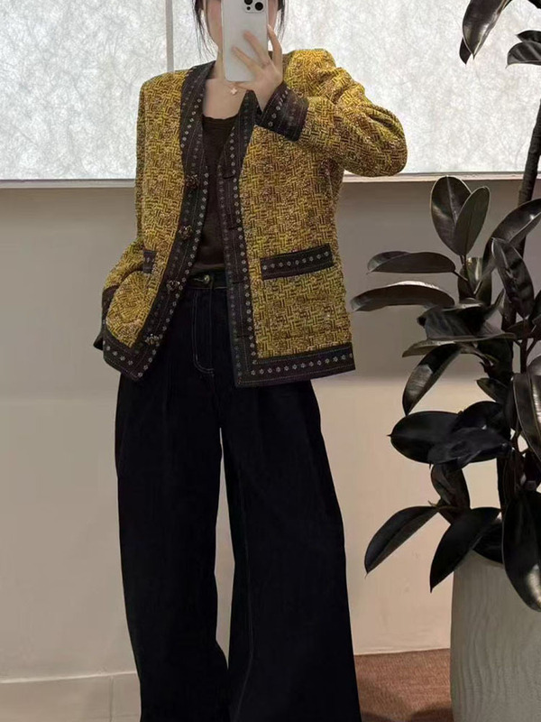 拼色V领小香风外套女欧洲站2025秋季新款韩版重工高级感时尚上衣|undefined