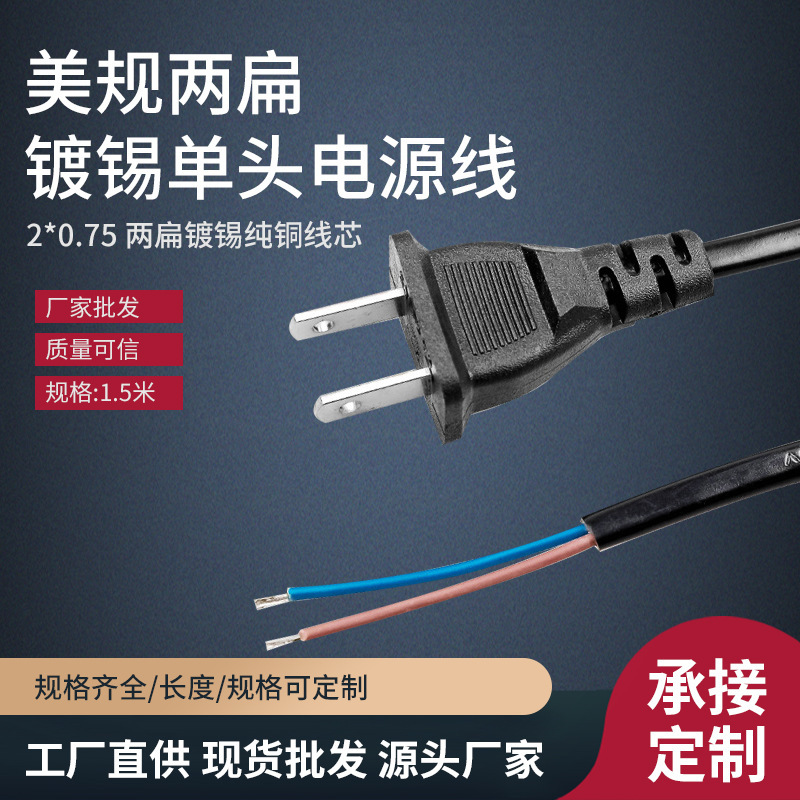 American Standard Two Flat Plug Power Cord 2-Core with Plug Tinned Bare Wire Tail Power Cord Table Lamp Speaker Fan Plug Cord