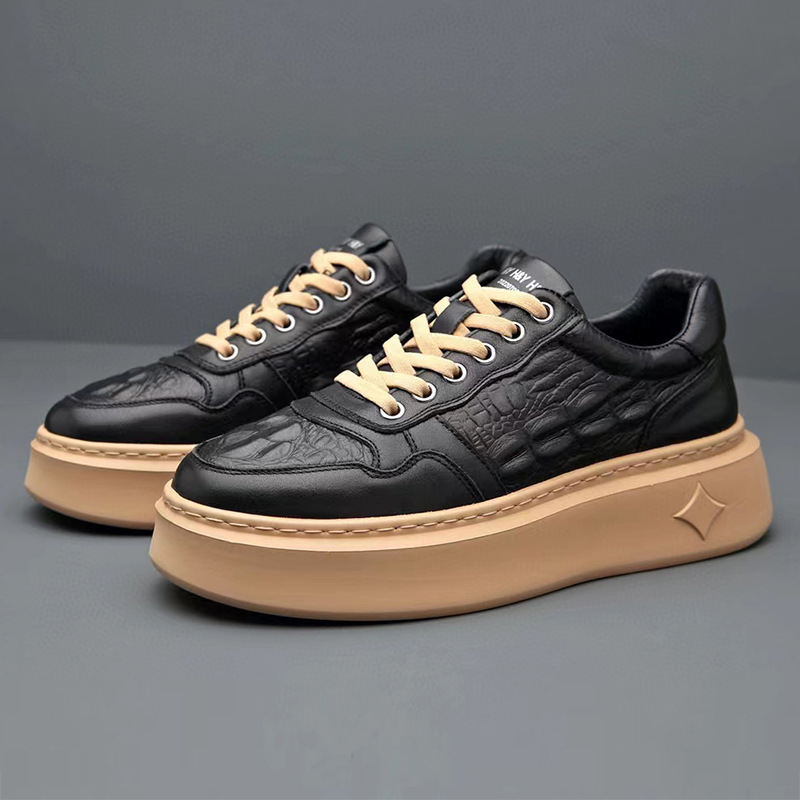 New Spring and Autumn Men's Shoes, Breathable Genuine Leather Crocodile Pattern Trendy Versatile Men's Casual Shoes with Height-Increasing Thick Soles