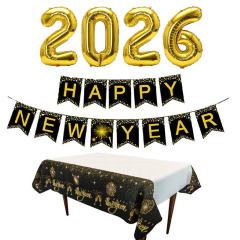 2026年新年おめでとうアルミフィルムバルーン、旗、テーブルクロス、新年黒金パーティー用品セット