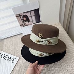 叶影流珠宽檐平顶帽女秋冬法式高端澳洲羊毛复古礼帽百搭爵士帽子