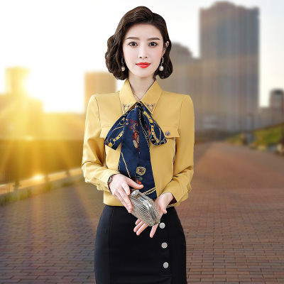 2022年春秋季新款蝴蝶结飘带雪纺衬衫女长袖百搭小衫气质上衣时尚