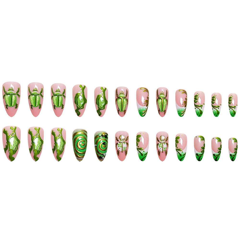 Transfronterizo rosa verde dorado tortuga taladro de uñas estereoscópicas luces de oro fantasía francesa 24 piezas de parche de uñas