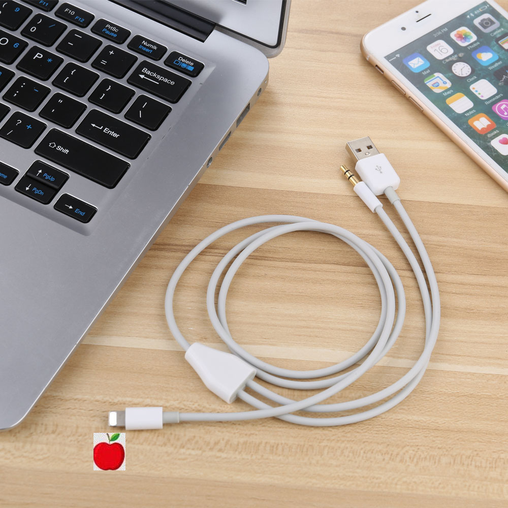 适用IPHONE AUX车载音频线 车载音箱连接线 USB+3.5mm二合一充电