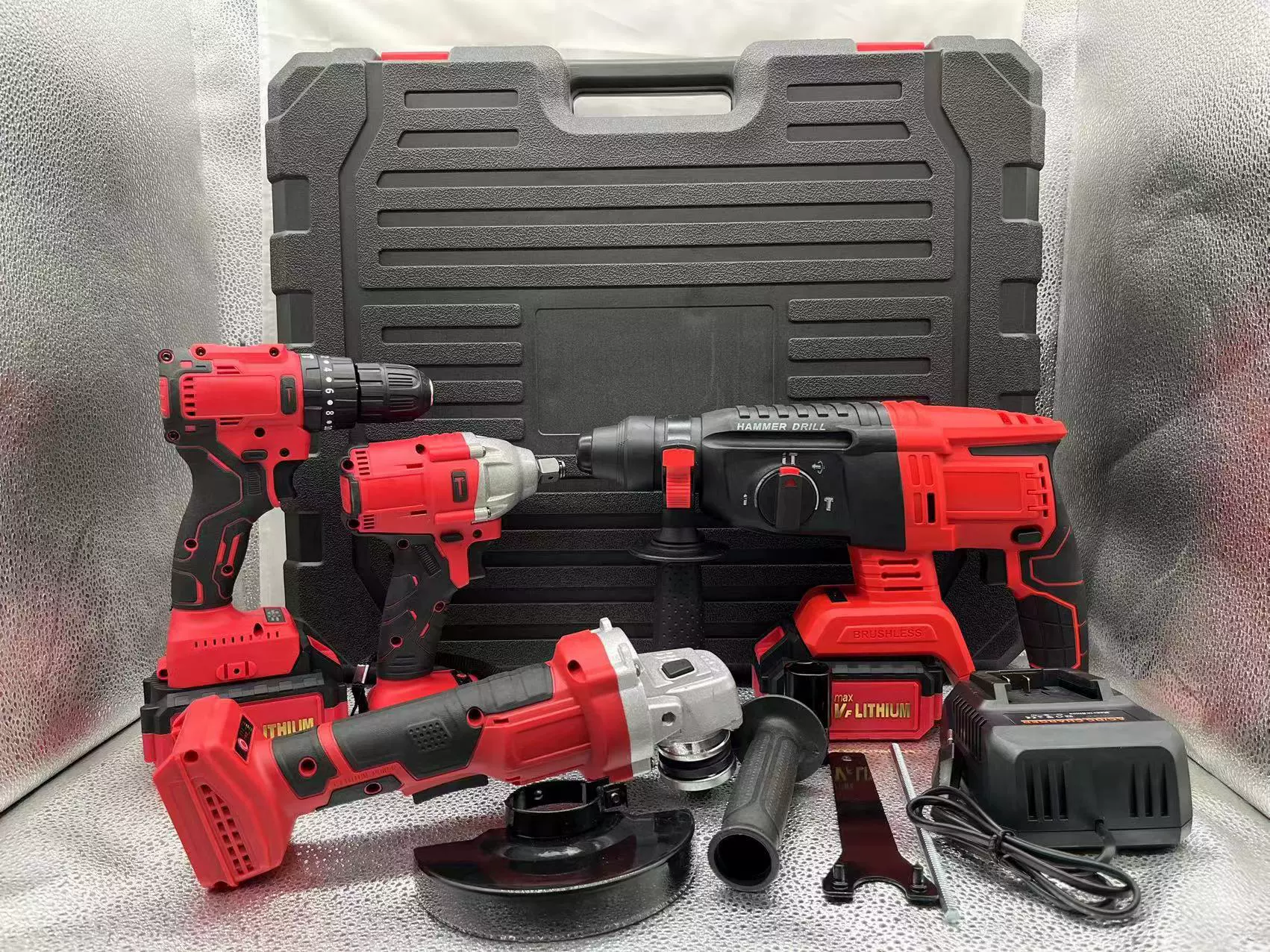4件套套装工具角磨机+扳手+电锤+冲击电钻锂电工具充电式电动工具