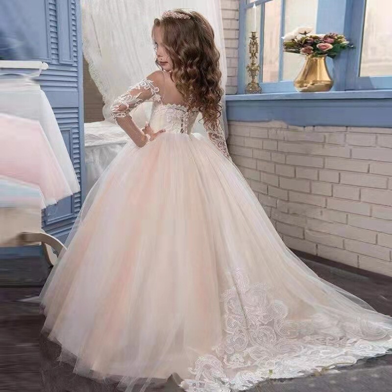 Girls' Foreign Trade Wedding Dress Tutu Dress Piano Performance Flower Girl's Dress Long Sleeve Princess Dress Children's Tail Dress Girls' Foreign Trade Wedding Dress Tutu Dress Piano Performance Flower Girl's Dress Long Sleeve Princess Dress Children's Tail Dress